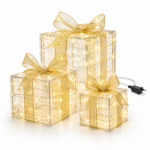 Holyhome Lote de 3 paquetes de regalo luminosos con 90 micro LED, tres tamaños y 90 micro LED, acrílico para debajo del árbol, entrada, porche