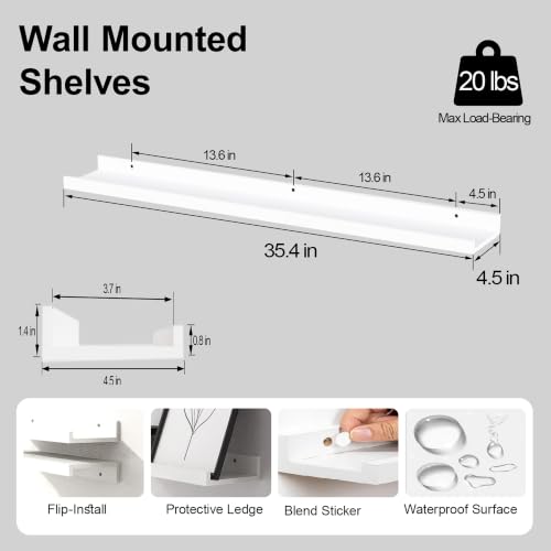 Image of White Floating Shelves for Wall Decor, 36 in Shelf with Lip Set of 2