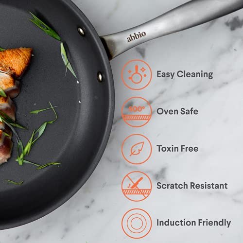 Abbio Large Nonstick Skillet, 11” Diameter, Stainless Steel, Fully Clad Cookware, Induction Ready Frying Pan With Scratch Resistant Non-Stick Coating, Oven & Dishwasher Safe, Pfoa Free, Non Toxic #TOP3