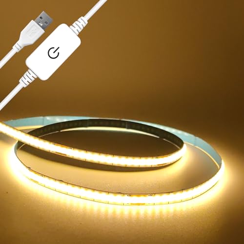 BUNACET Striscia LED COB con USB, 1 m, 3000 K, flessibile, luce bianca calda, 5 V, dimmerabile, 3000 K, autoadesiva, per cucina, armadio, retro del PC, decorazione fai da te