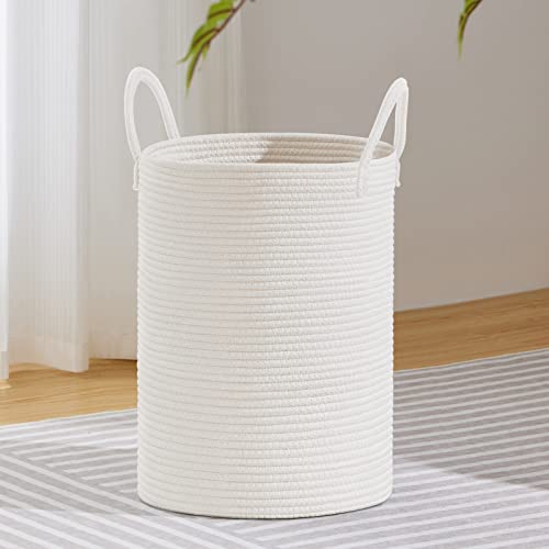 Image of VIPOSCO Large Laundry Hamper, Tall Woven Rope Storage Basket for Blanket, Toys, Dirty Clothes in Living Room, Bathroom, Bedroom - 58L White