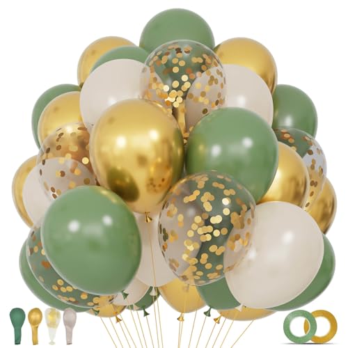 Image of 68Pcs Balloons Kit 12 Inch, Sage Green Balloon Sand White Metallic Gold Balloon Confetti with Ribbons, Party Balloons for Baby Bridal Shower Wedding Birthday Decorations.