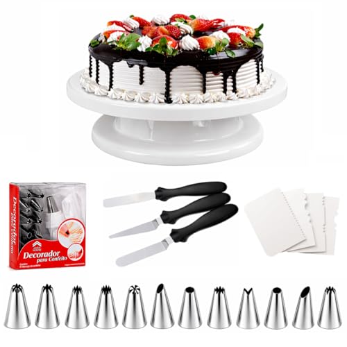 Image of Cake Making Set Combo Cake Turntable,12 Cake Decorating Nozzle, 4 Pcs Set Scraper, 3 Pcs Knife (All Product Reusable) (Combo 4)