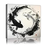 オリエンタルエレガンスキャンバスプリント陰陽鯉ウォールアートペインティングリビングルームブラックホワイトフィッシュデザイン50x50cmインナーフレーム