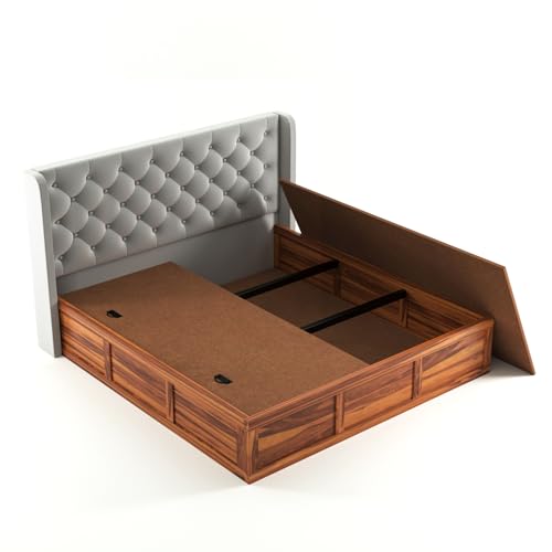 Image of Solid Sheesham Wood King Size Bed with Storage | Wooden Double Bed Cot Bed with Box Storage & Velvet Upholstered Cushioned Headboard for Bedroom (Honey D, King)