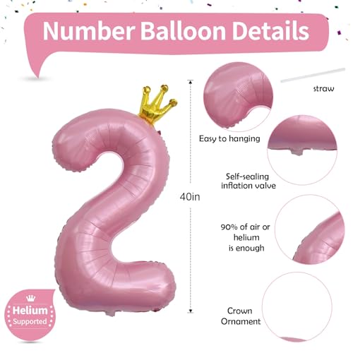 Image of 40 Inch 2nd Birthday Number Balloon, Pearl Pink Foil Giant Number Balloons 0-9 with Crown, for Kids Girls Women 20th Birthday Party Decor Baby Shower Anniversary New Year Party Decoration Supplies