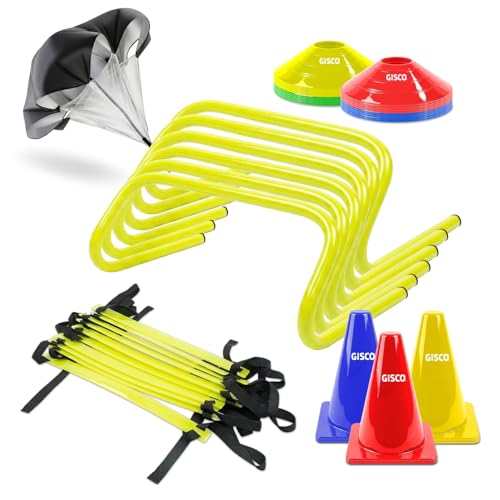 Image of GISCO Speed and Agility Soccer Training Kit, Including (9 inchHurdles - 6pcs + 1 Agility Ladder +9 inch Marker Cone - 6pcs + Space Marker - 20pcs + 1 Speed Chute Large)