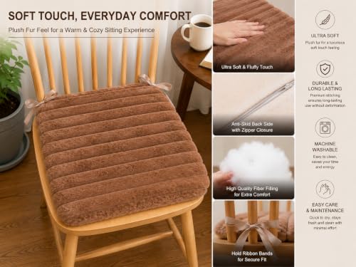 Image of COZY FURNISH Rosy Brown Solid Fluffy Chair Seat Cushions with Ties, 16x16 Inch Faux Fur Dining Chair Pads with Foam Filling, Pack of 2
