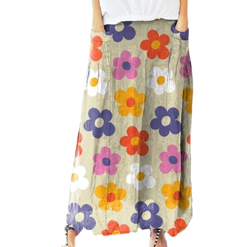 Women's Floral Summer Long Maxi Skirts High Elastic Waist Boho Flowy Beach Ankle Length Dress with Pockets