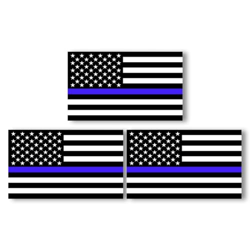 Image of BDZMC 3PCS American Flag Car Sticker Decal, 4.4 X 2.4 Inch Thin Blue Line Reflective Sticker, American Flag Window Decal, Police Support Bumper Decals for Trucks Cars Laptop Motorcycles (Black /Blue)