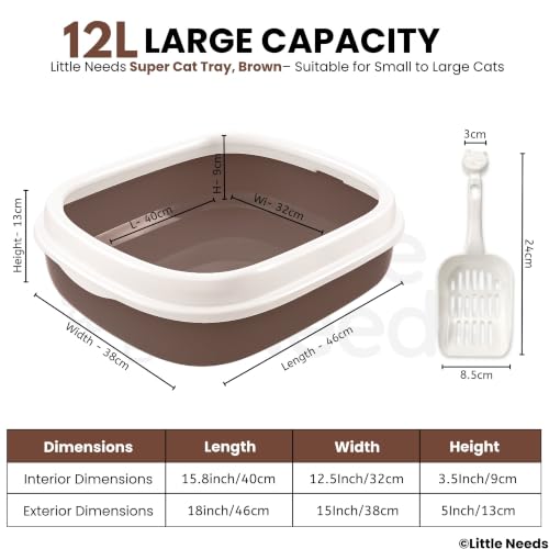 Image of Cat Litter Tray with Rim & Scooper (Brown, 46 x 38 x 13 cm) | Spacious Open Litter Box for Cats & Kittens | High Sides for Reduced Spills | Durable, Sturdy & Easy to Clean Toilet Tray