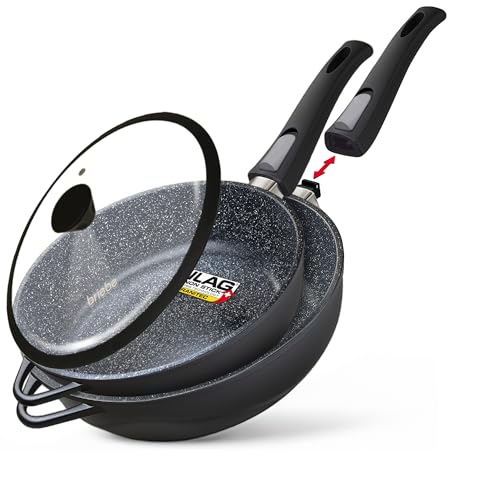 briebe Set 2 Sauteuse Induction Anti Adhesive, Poêles 2 Poignées Amovibles 24/28 cm avec Couvercles en Verre, Fonte d'Aluminium, ILAG GRANITE sans PFOA,...