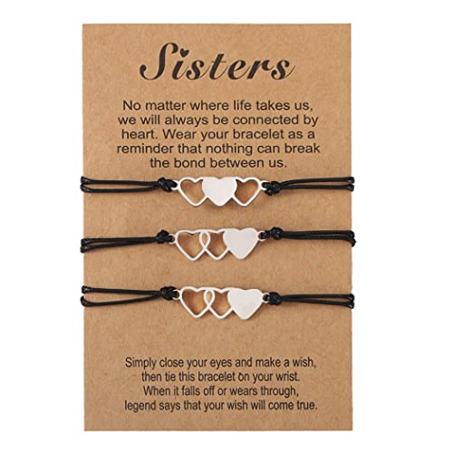 Branets Sisters Best Friends Pulsera a juego para 3 Amistad BFF Bestie Heart Pulseras de larga distancia Valentine's Day Regalo para mujeres y niñas