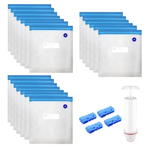 20 Stück 26x28cm Vakuumbeutel Lebensmittel Wiederverwendbar mit Ventil Reißverschluss Pumpe Dichtungsklammern Vakuumversiegelte Bags Sous Vide Vakuumierbeutel Vakuumierer Zuhörer Essen Fleisch