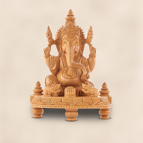 Image of Wooden Ganesh Idol /Handcraft Four Arm Ganesh Murti /Wooden Ganesha Statue for Home Decor /Ganpati Murti for Home Temple, Pooja Room, Office & Festive Gifting (9.44 Inch)-| 3 Years Warranty |