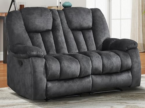 CANMOV Manual Recliner Loveseat, 2 Seat Recliner Sofa Chair with Overstuffed Armrest and Backrest, Soft Fabric Reclining Loveseat Living Room Set with Hidden Cup Holders for Adults Elderly,Grey
