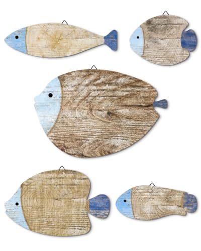 Putuo Decor Décoration Murale Poissons Bois, Lot de 5 Silhouettes Style Bord de mer, Teintes Bleu Naturel, déco Marine pour Salle de Bain WC entrée Salon,...