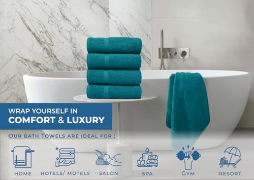 Image of DAN RIVER Bath Towels Set of 4, 27 x 54 Inches, 100% Cotton, Larger & Lighter Weight, Quicker to Dry, Super Soft and Absorbent, Ideal Luxury Bath Towels for Daily Use, Teal