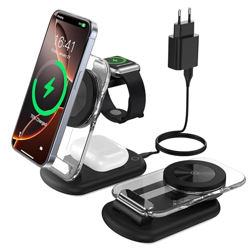 Mag Safe Ladestation, 3 in 1 Mag Safe Ladegerät, faltbar einstellbar Winkel mit Atmosphärenlicht, Kompatibel mit Telefon iWatch/Airpods, für iWatch iPhone 16/15/14/13, Schwarz