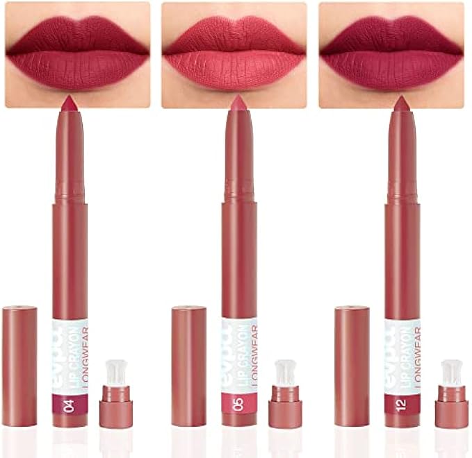 evpct 3Pcs Wine berry red Warm pink Plum Purple Matte Lipstick and Lip Crayon Stick Liner Pencil Set Sharpener Waterproof Long Lasting 24 Hour Lipstick labiales mate 24 horas originales 4&5&12