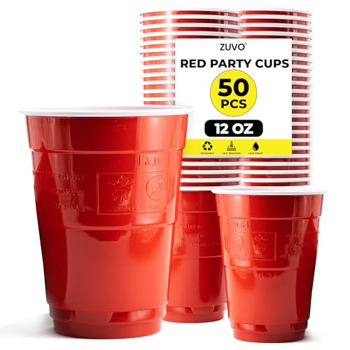 Zuvo Red Plastic Party Cups 12 Oz Pack of 50 Durable Stackable Disposable Cups for Events & Gatherings