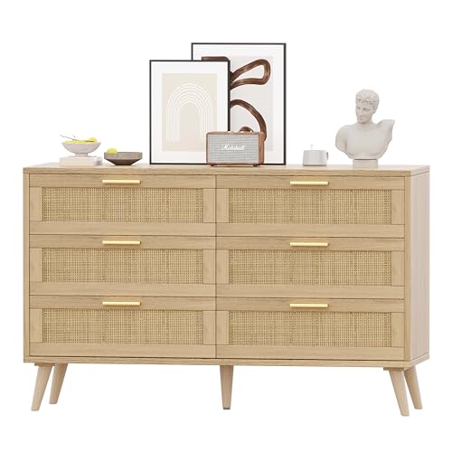 Rovaurx 6 Drawer Double Dresser for Bedroom, Rattan Chest of Dressers, Modern Wooden Dresser Chest with Golden Handles, Beside Table for Closet, Living Room and Entryway, Natural - Image 9
