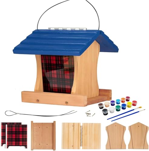 Ranch Hopper Bird Feeders for Outside Extra Thickness 13/16', Bird Feeder Kit for Adult to Build - Alaskan Red Cedar Wood Birdhouse Building with Hanging Cable, Paints and Brushes -Patented