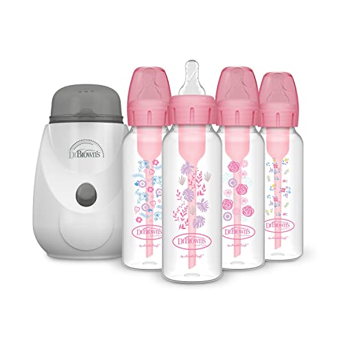 Image of Dr. Brown’s Insta-Feed Bottle Warmer and Sterilizer with Anti-Colic Options+ Narrow Baby Bottles 8 oz/2500 mL, with Level 1 Slow Flow Nipple, 4 Pack, Pink Floral, 0m+
