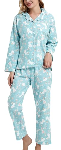 CHUNG Damen-Schlafanzug-Set, gebürstete Baumwolle, langärmelig, Knopfleiste, Oberteil, Hose, Flanell, Nachtwäsche, gemütlich, warm, Winter, Übergröße, Grüner Hase, L CHUNG Damen-Schlafanzug-Set, gebürstete Baumwolle, langärmelig, Knopfleiste, Oberteil, Hose, Flanell, Nachtwäsche, gemütlich, warm, Winter, Übergröße, Grüner Hase, L