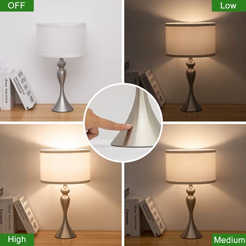 3 Way Touch Control Table Lamp Set Of 2, Dimmable Nightstand Lamp With Silver Metal Base Modern Bedside Lamp White Shade Simple Side Touch Lamp For Bedroom Living Room Office Edison Bulb Included #TOP1