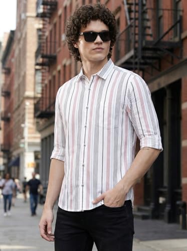 Image of IndoPrimo Men's White Striped Slim Fit Casual Shirt | Premium Cotton Full Sleeve Button-Down Shirt with Chest Pocket | Stylish Office