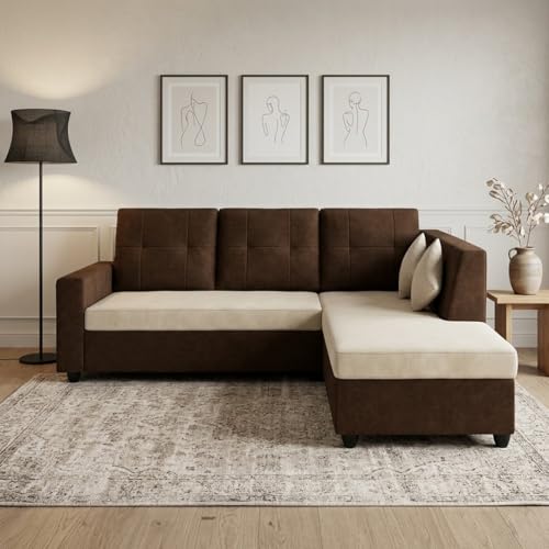 Image of FURNY Nathan 4 Seater L Shape Sofa Set RHS (Dark Brown-Cream) | Suede Velvet Finish | Durable Comfort Sofa for Modern Living Room & Office Spaces