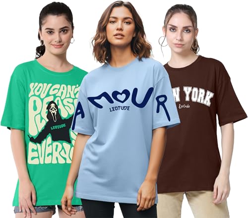 Image of LEOTUDE Half Sleeve Cottonblend Oversized Tshirt for Women, Round Neck