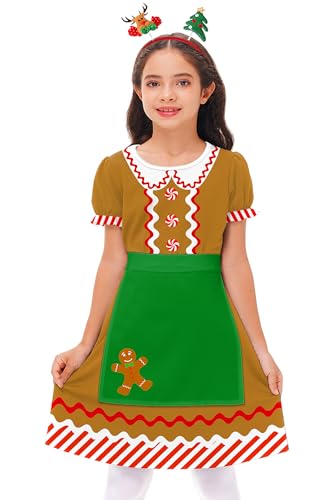 Xmas Puff Sleeve Dress Christmas Gingerbread Girl Dress with Apron Elastic Waist Aline Dresses 5-6 Years