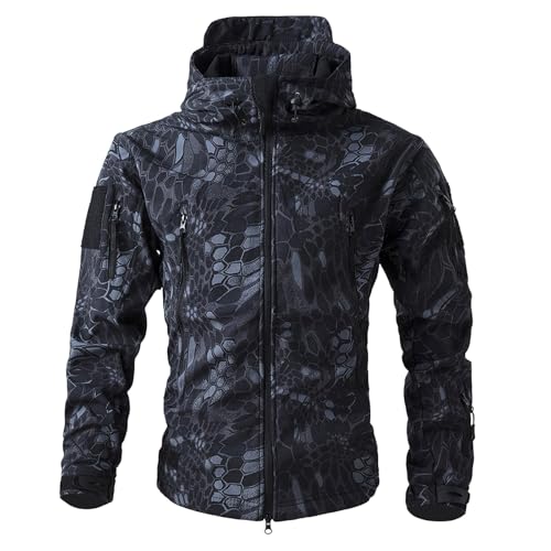 Cexiakong Giacca invernale da uomo, giacca tattica con cappuccio, chiusura lampo, traspirante, per attività all'aria aperta, pesca, caccia, da lavoro, trekking, per le mezze stagioni, militare, Blu