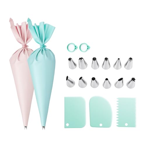 Spritzbeutel mit Tüllen für Spritzgebäck: 2 Spritzbeutel Wiederverwendbar & 12 Edelstahl Spritztüllen Set & 3 Teigschaber & 2 Ringe, Spritzsack mit Tüllen Profi, Cupcakes Dressiersack Torten Zubehör