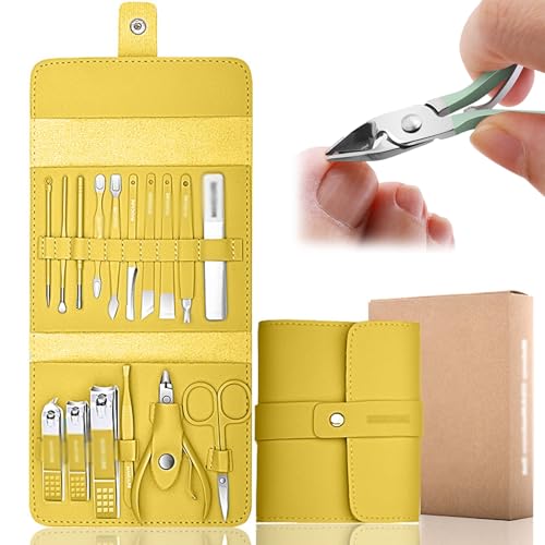 LUGEZLRJ Bonito Juego de cortaúñas Plegable de Acero Inoxidable, cortaúñas personales portátiles, Kit de Herramientas de Belleza con Bolsa de Cuero de PU for Uso Diario y de Viaje(Lemon Yellow-16 B)
