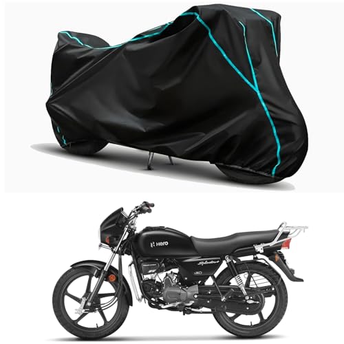 Image of Waterproof Bike Body Cover Compatible for | Hero Splendor Plus Xtec | Taffeta Fabric, Sky Piping Design, Bottom Elastic Fit | Dustproof, Sun UV & Rain Protection for All Weather.