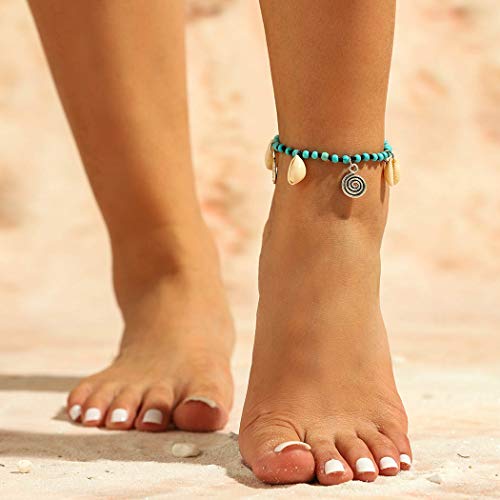 Fairvir Tobilleras bohemias plateadas, turquesa, con colgante de cadena de pie, para fiestas de arena de verano, para mujeres y niñas Cover