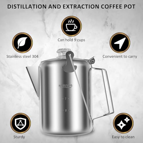 Sesaver Camp Coffee Pot, 9 Cups Stainless Steel Percolator with Clear Glass Knob for Group Camping and Hiking Adventures - Image 3