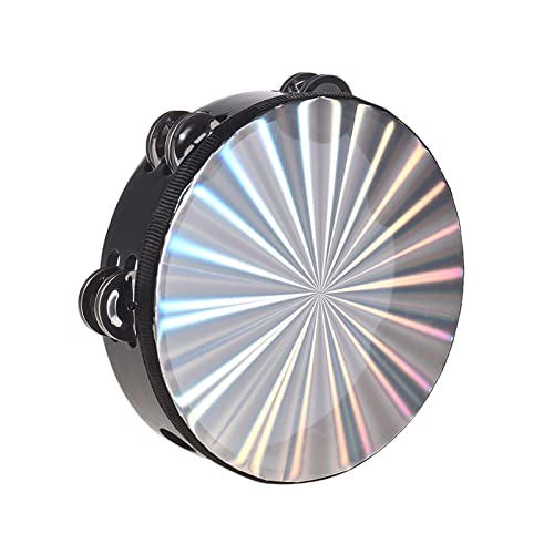 ACAGALA 8/10 Inch Wooden Radiant Tambourine Handbell Hand Drum with Double Row Jingles Reflective Drum Head Musical Percussion Instrument