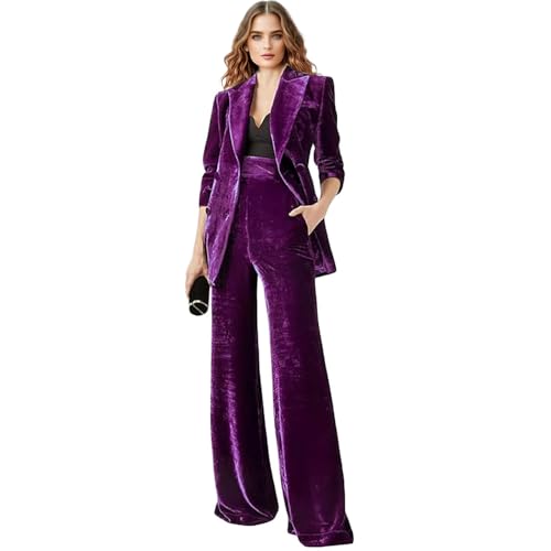 Costume 2 pièces en velours femme chic violet grand blazer croisé pantalon droit L