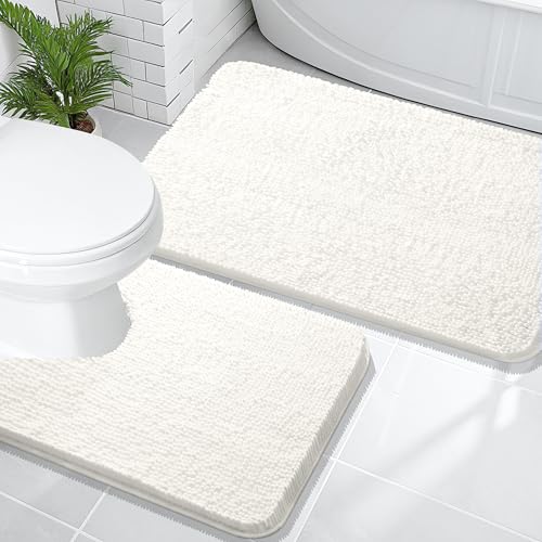 Image of OLANLY Bathroom Rugs Sets 2 Piece, Soft Absorbent Chenille Bath Mats and U-Shaped Contour Toilet Mat Area Rug Set, Machine Washable Bath Carpet, Home Decor Accessories(36 inchx24 inch+24 inchx20 inch, Ivory)