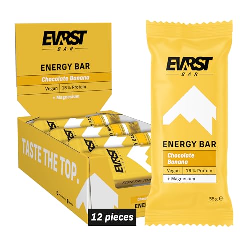 EVRST Energy Chocolate Banana, 12 x 55 g, 8.8g Protein, Rich in Magnesium, 12 Bars Per Case
