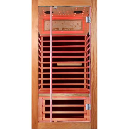 Image of OUTEXER Sauna One Person Far Infrared Saunas Room African Mahogany Wood 1350W Dry Saunas Spa with 7 Starry Sky Light Wood Wax Oil on Outer Surface 35.4 * 35.4 * 70.9inch