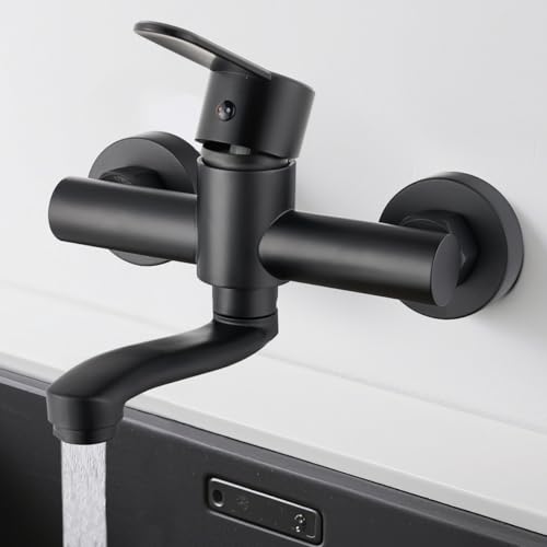 Robinet Mural Cuisine, Mitigeur Mural Inoxydable, Pivotant à 360° pour Évier de Cuisine, Eau Chaude et Froide, Trous de Montage Réglables, Bras Pivotant...