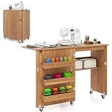 Multigot Folding Sewing Table, 2-in-1 Mobile Craft Table with Open Shelves and Rolling Casters, Sewing Machine Cabinet Computer Desk for Home Office (Natural)