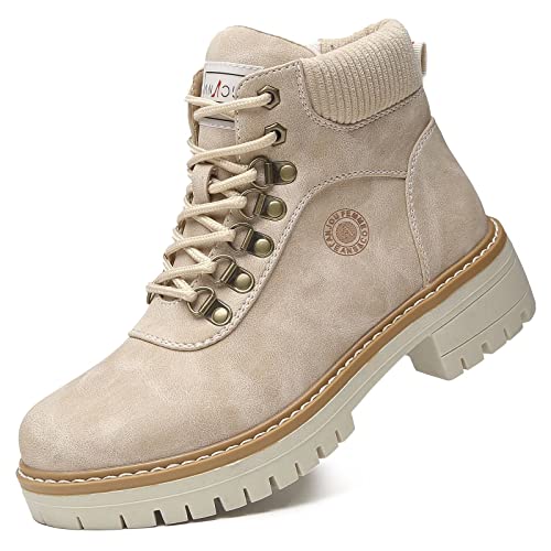 ANJOUFEMME Work Winter Hiking Boots for Women - Ladies Snow Outdoor Lace up Work Motorcycle Boots Waterproof Lightweigh, Backpacking Warm Walking Hiking Shoes W115-FNW05-BEIGE-8