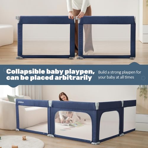 Image of Foldable Baby Playpen, Shape & Size Adjustable Playpen for Toddler, 79x71 Large Play Pens Safety Mesh Foldable Playard for Babies, Portable Baby Fence Play Area Kids Play Pen, Blue