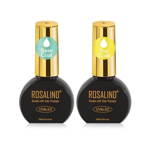 ROSALIND Base Top Coat Vernis Semi Permanent, 2pcs 10ml Semi Permanent Base et Top Coat Soak-Off UV LED pour Vernis Gel Nail Art Manucure Set